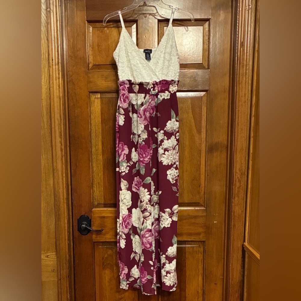 XS Rue21 Romper - Stretch Cream Crossover Top and Burgundy Floral Lace Bottom